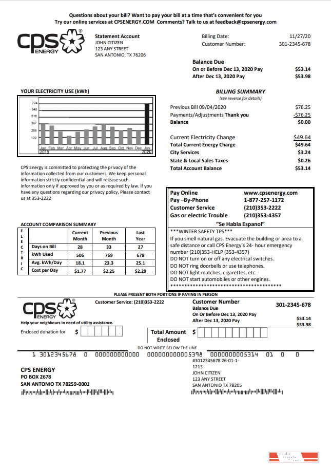 USA Texas CPS utility bill template in Word and PDF format